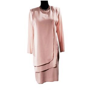 Afterdark Peach Glass Bead Trim Sheer Sleeve Party Wedding Guest Dress Size 10